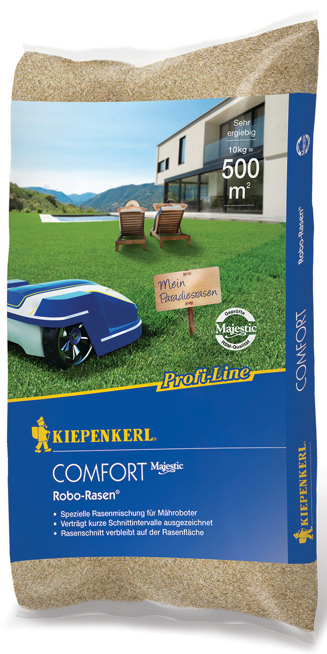 Rasensamenpackung mit Haus, Liegestühlen, Roboter Rasenmäher und Schild mit „Mein Paradiesrasen“.