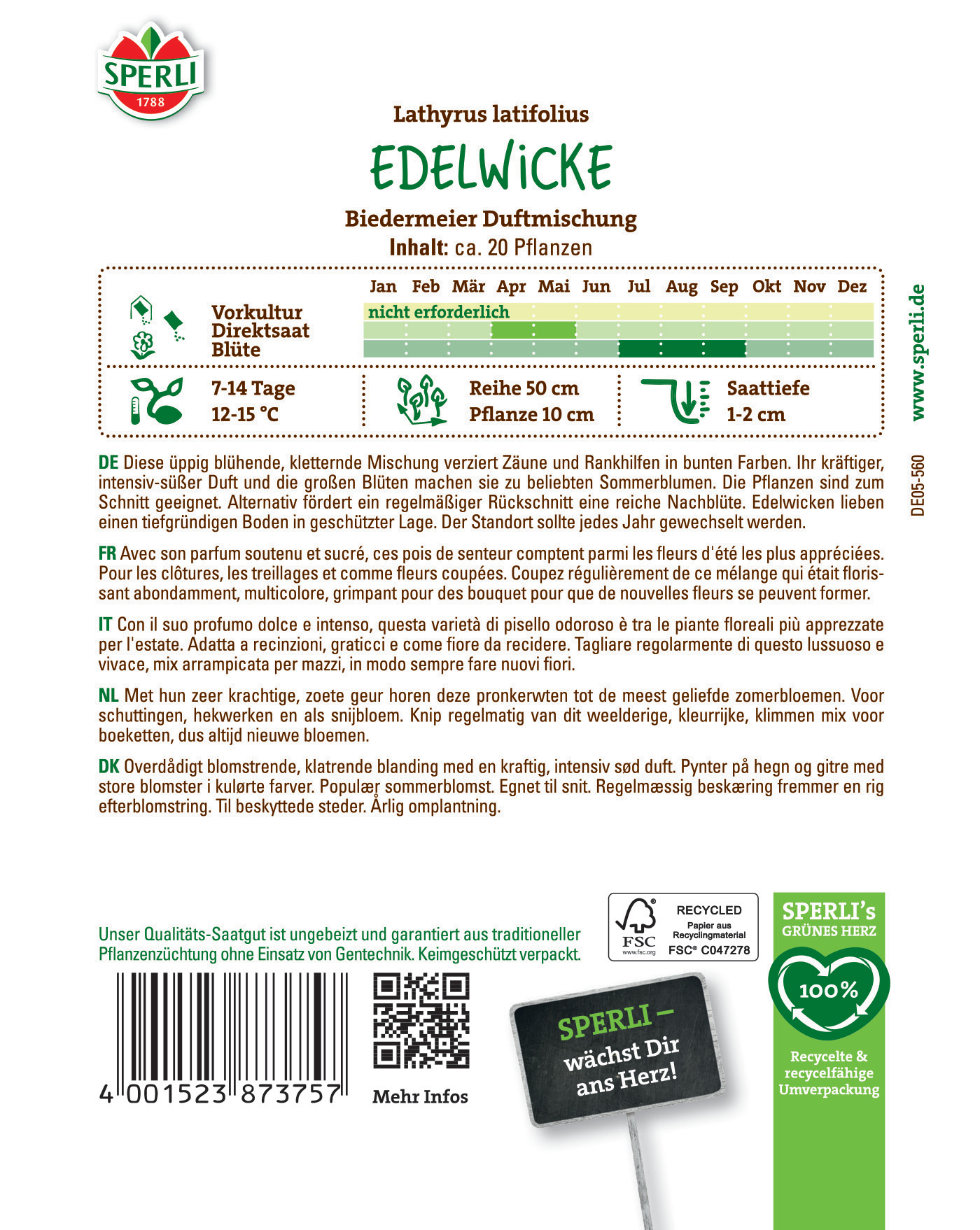 Edelwicken, ca 20 Pflanzen, bunt, duftend, Blüten, im März bis Juni, Höhe 50 cm, Samen 1-2 cm, Pflege auf Deutsch, Französisch, Italienisch, Niederländisch, Dänisch.