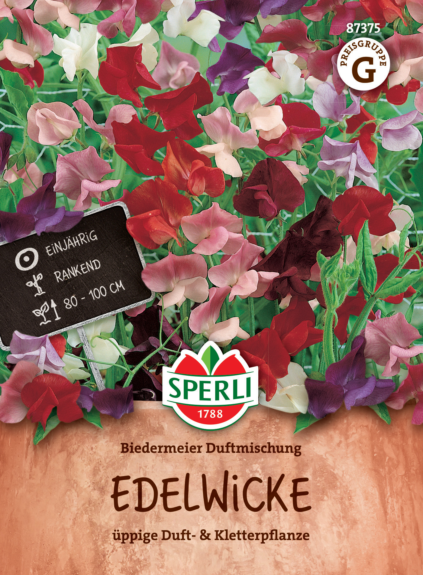 Bienenfreundliche Duftmischung Edelwicken in verschiedenen Farben in einem Blumentopf, bauchig, mit grünem und rotem Logo.