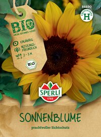 Sonnenblume mit gelben Blütenblättern, brauner Mitte, grünem Laub, Kraftpapierhintergrund und Produktetikett.