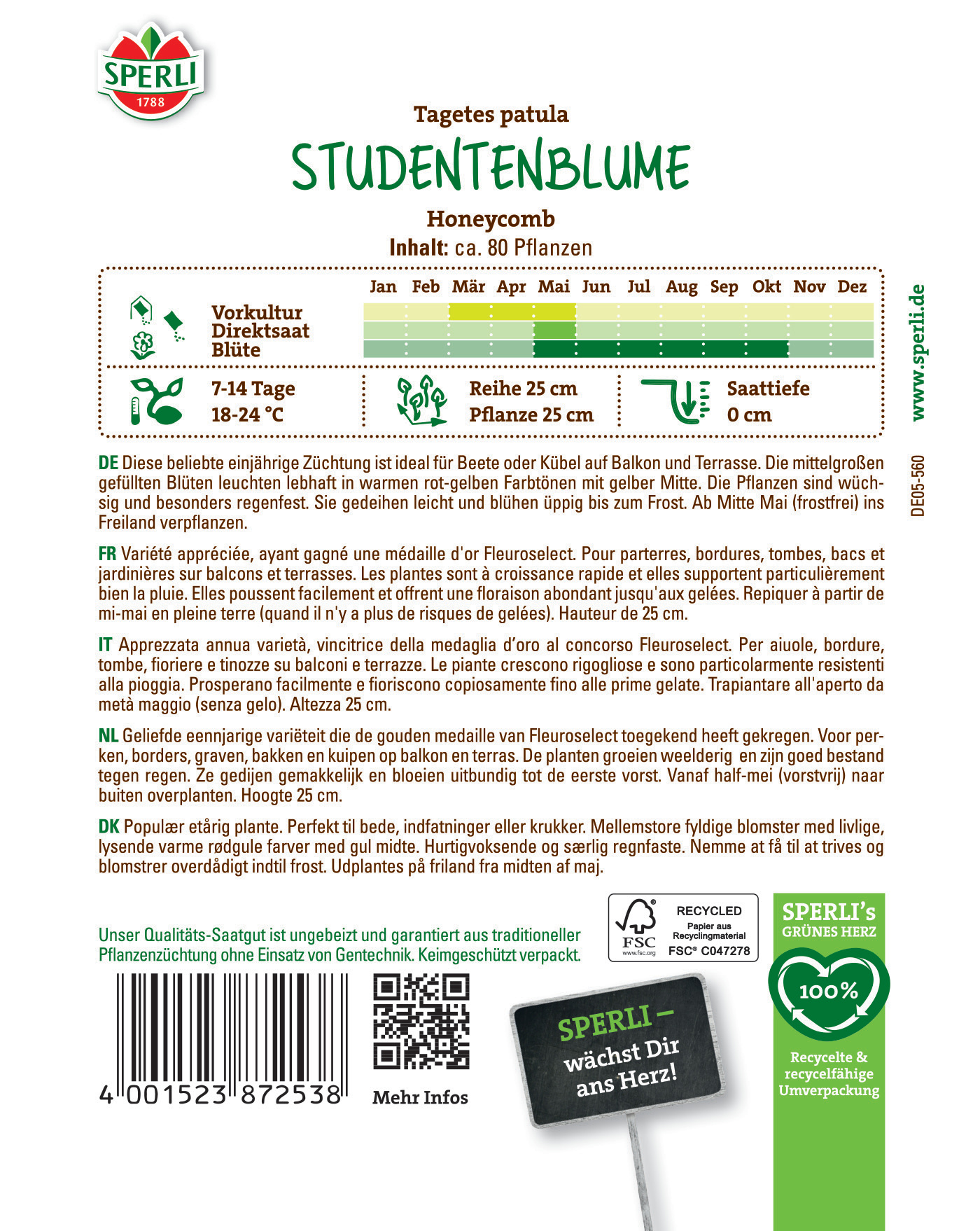 Blumenpackung mit Text in verschiedenen Sprachen, Barcode, QR-Code und Logo auf weißem Hintergrund.