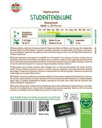 Blumenpackung mit Text in verschiedenen Sprachen, Barcode, QR-Code und Logo auf weißem Hintergrund.