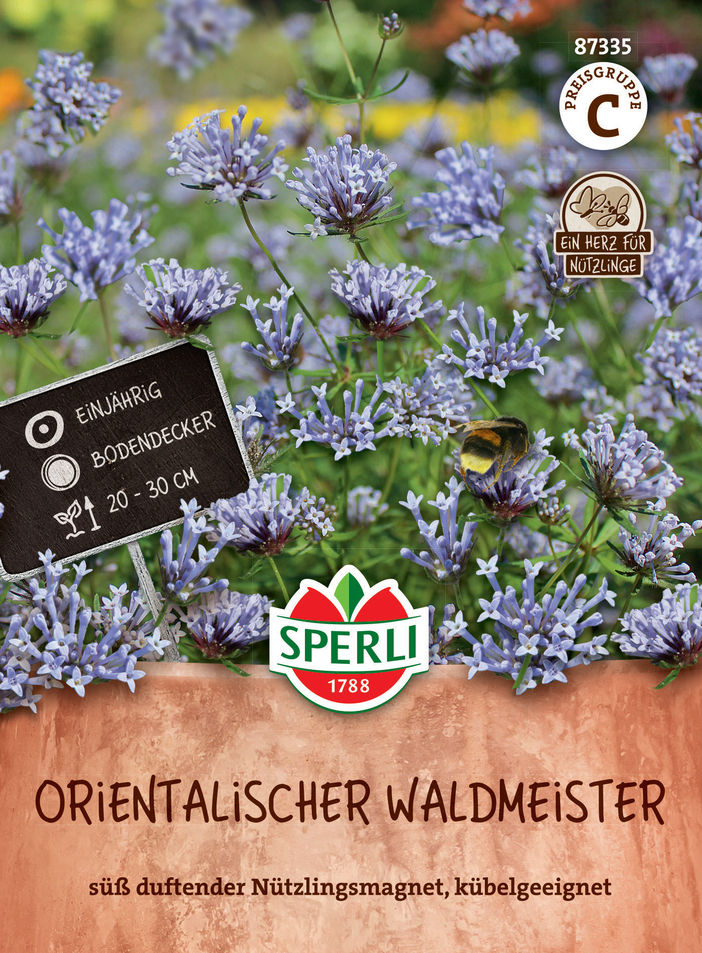 Bodenbedeckende, duftende, einjährige Pflanze mit blauen Blüten, für Nützlinge geeignet, 20-30 cm hoch.