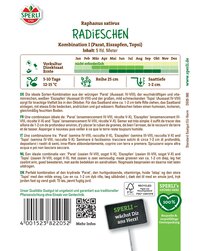 Radieschen Pflanze mit grünen Blättern und rotem Wurzelansatz, Anzuchtanleitung in mehreren Sprachen.