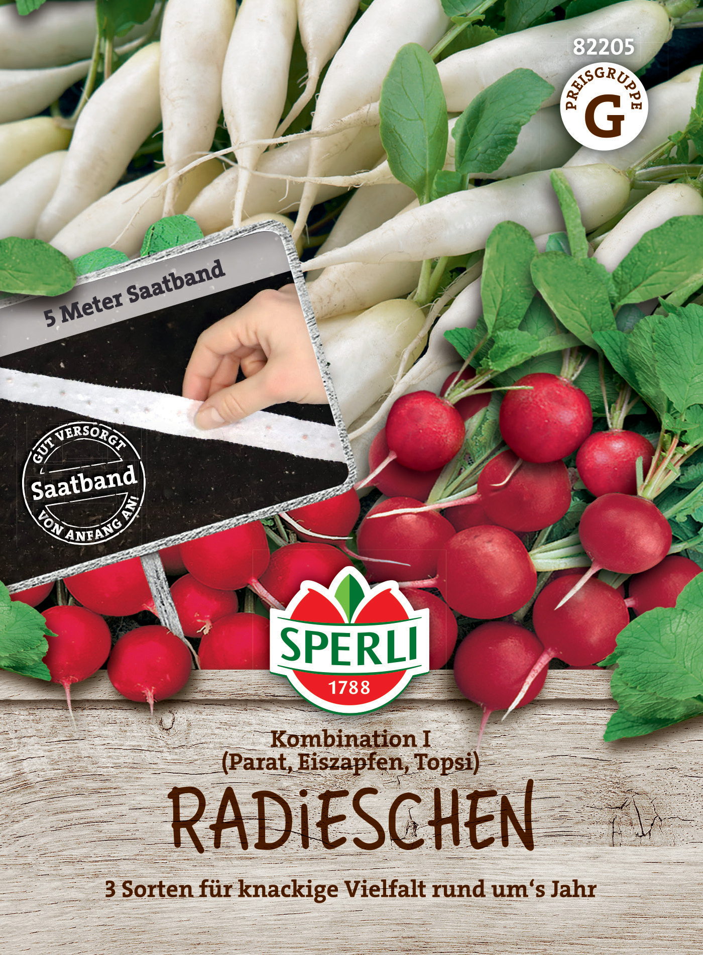 Radieschen mit grünen Blättern und weißen Wurzeln, auf Holzuntergrund, Verpackung, Logo, Text, Gummiband, QR-Code.