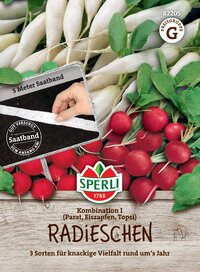 Radieschen mit grünen Blättern und weißen Wurzeln, auf Holzuntergrund, Verpackung, Logo, Text, Gummiband, QR-Code.