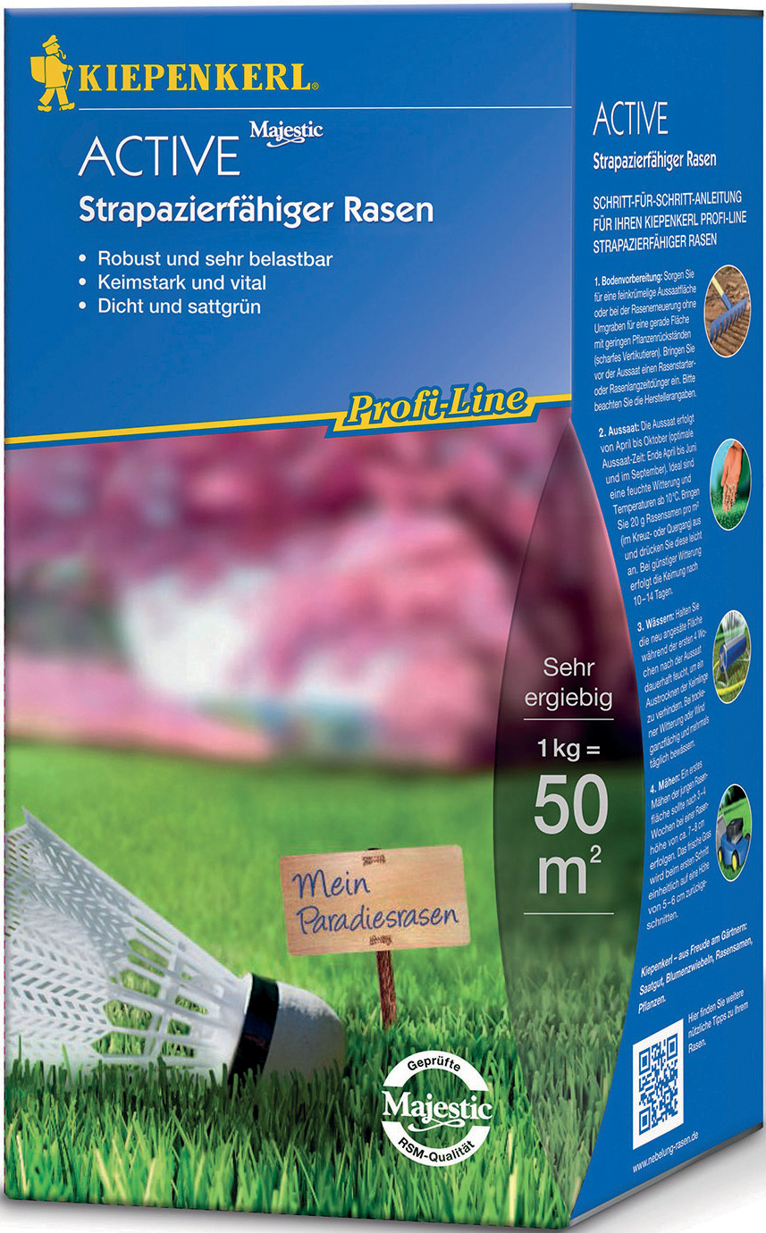 Bunter Rasen mit Baumkronen, Rasenfläche, Spielgerät, kleines Schild mit "Mein Paradiesrasen", Verpackung für strapazierfähigen Rasen.