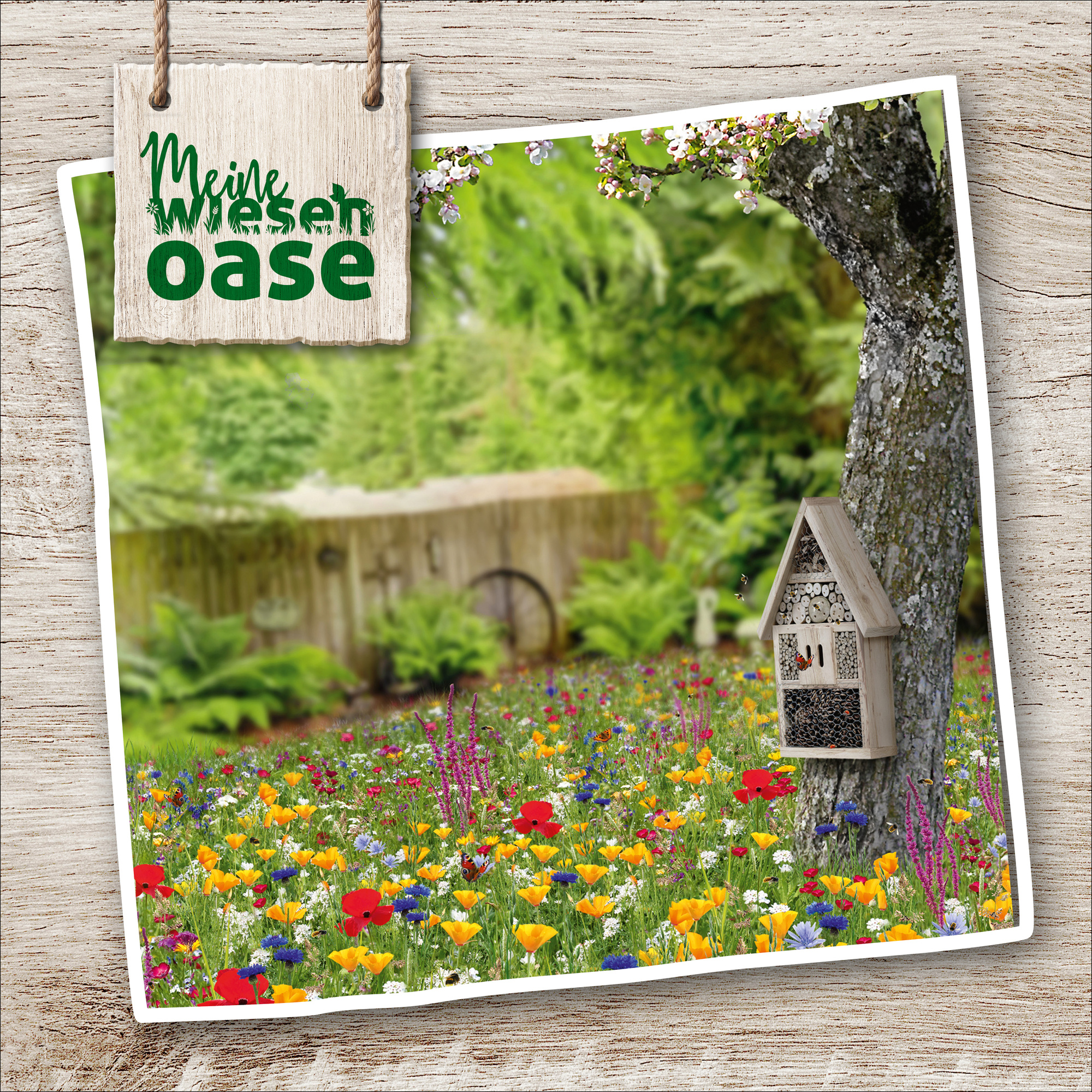 Blumenwiese mit Bienen, Baum mit Insektenhotel, Holzlatz, Blüten und grünen Büschen im Garten.