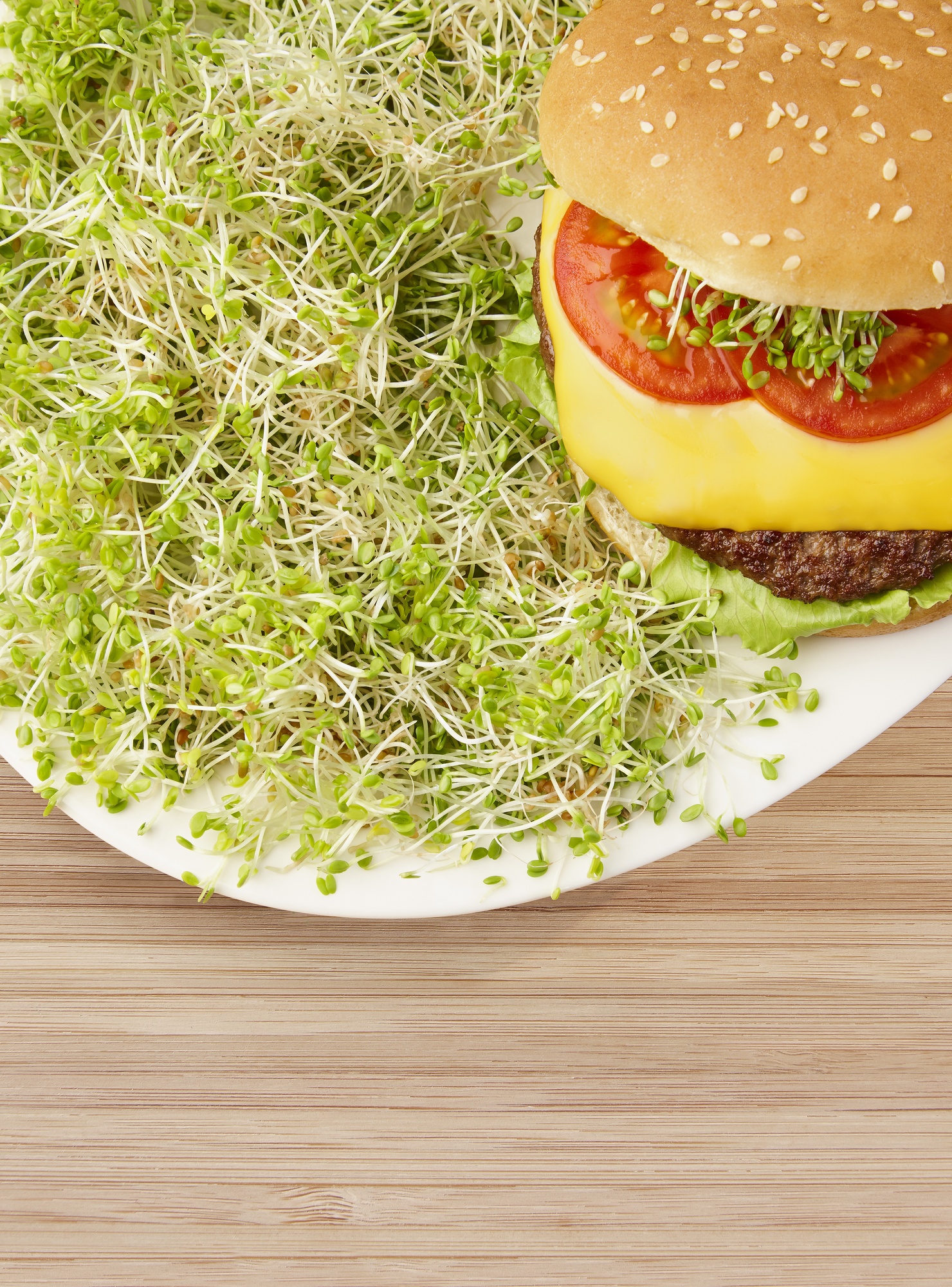 Vegetarischer Burger mit Tomate, Käse, Salat auf Brötchen, grüne Sprossen auf weißem Teller auf Holz.
