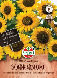 Sonnenblumen mit dunklem Zentrum und grünen Blättern, Verpackung von Sperli, Vogel-Snack.