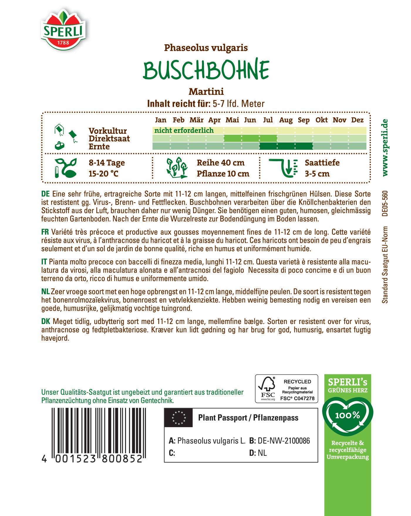 Buschbohne mit grünen Hülsen, 11-12 cm lang, resistent gegen Viren und Fettflecken, auf Verpackung.
