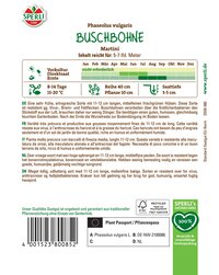 Buschbohne mit grünen Hülsen, 11-12 cm lang, resistent gegen Viren und Fettflecken, auf Verpackung.