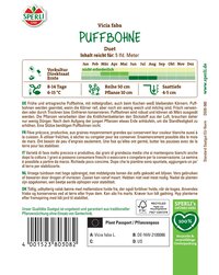 Boden- und Pflanzensamen für Puffbohnen, Anleitung und Pflanzzeitraum auf Packungsrückseite.