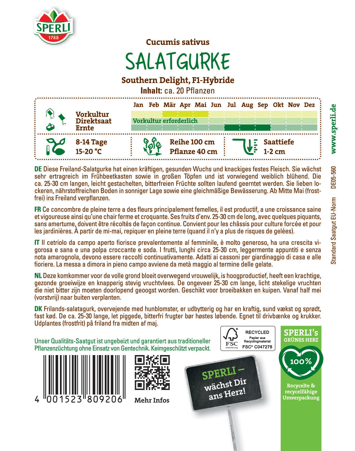 Grüner Salatgurken-Samen mit weißem Etikett, Schwarzes Logo, grüner Schrift und QR-Code auf weißem Hintergrund.