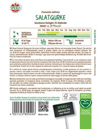Grüner Salatgurken-Samen mit weißem Etikett, Schwarzes Logo, grüner Schrift und QR-Code auf weißem Hintergrund.