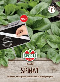 Samentüte für Spinatsaat, mit Bild von jungen Spinatsblättern, aus Holzoptik-Hintergrund, Markenschild und Text.