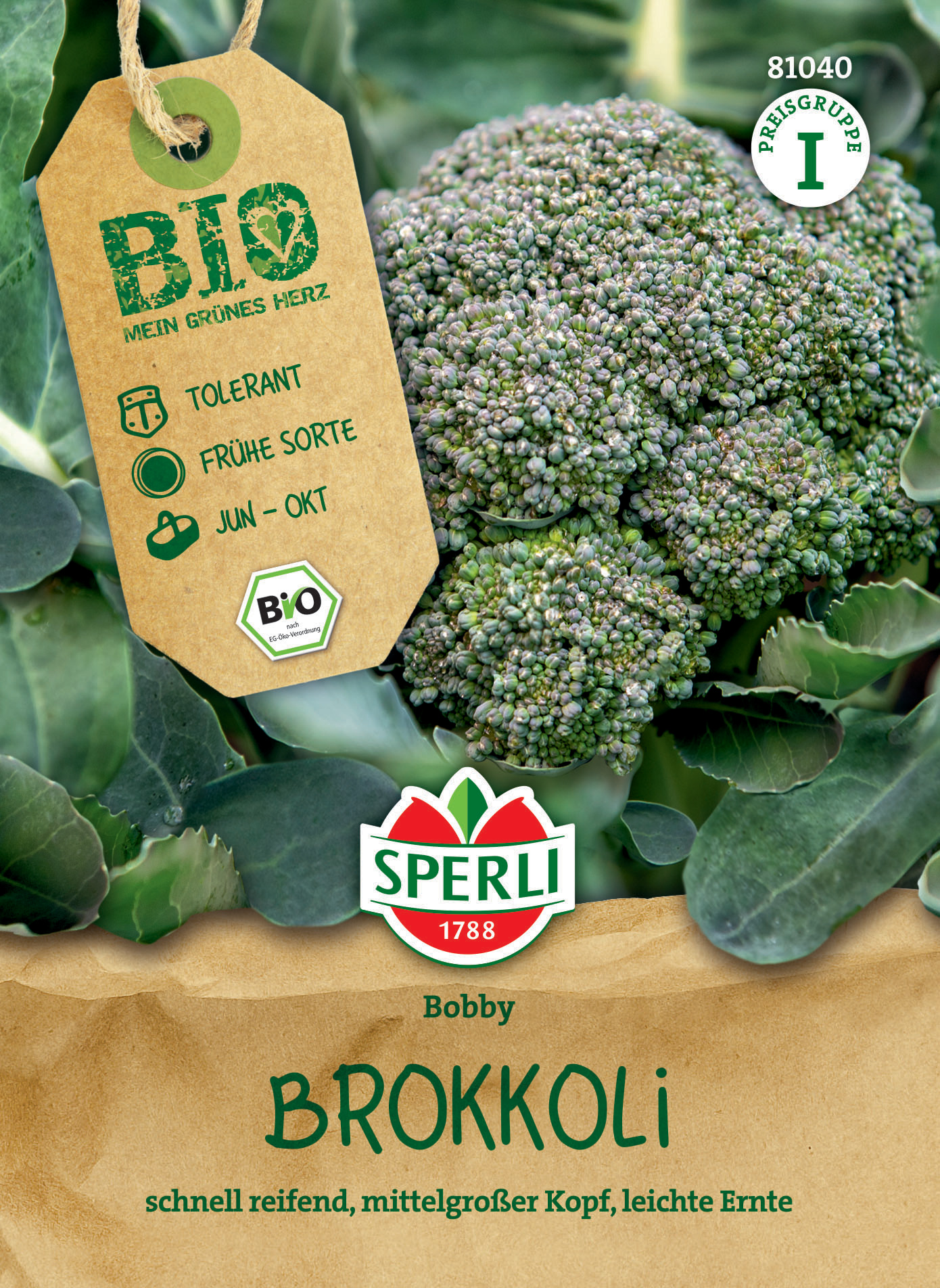 Brokkoli mit Blumenähnliche Blüte und grünen Blättern, inklusive Bio-Label und grüner Etikettierung.