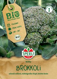 Brokkoli mit Blumenähnliche Blüte und grünen Blättern, inklusive Bio-Label und grüner Etikettierung.
