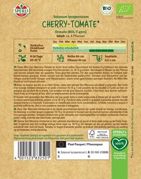Informationstext für Saatgutverpackung mit Angaben zu Pflanze, Kultur, Erntezeit, Pflanzabständen und Anbauhinweisen.