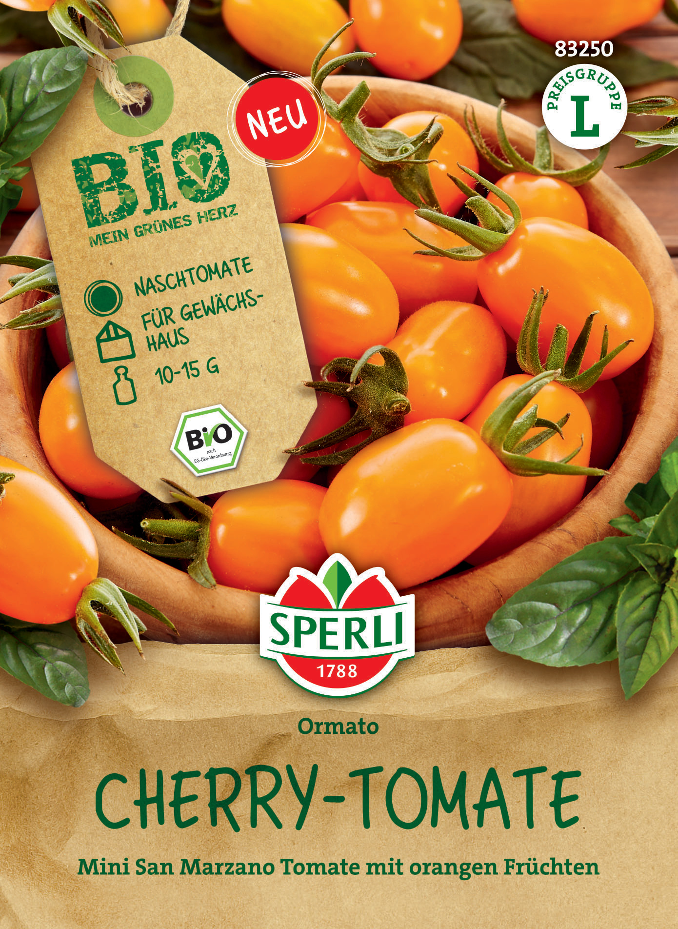 Orange Cherry-Tomatoes in einer Holschale mit grünen Blättern, Etikett mit Produktinformationen.