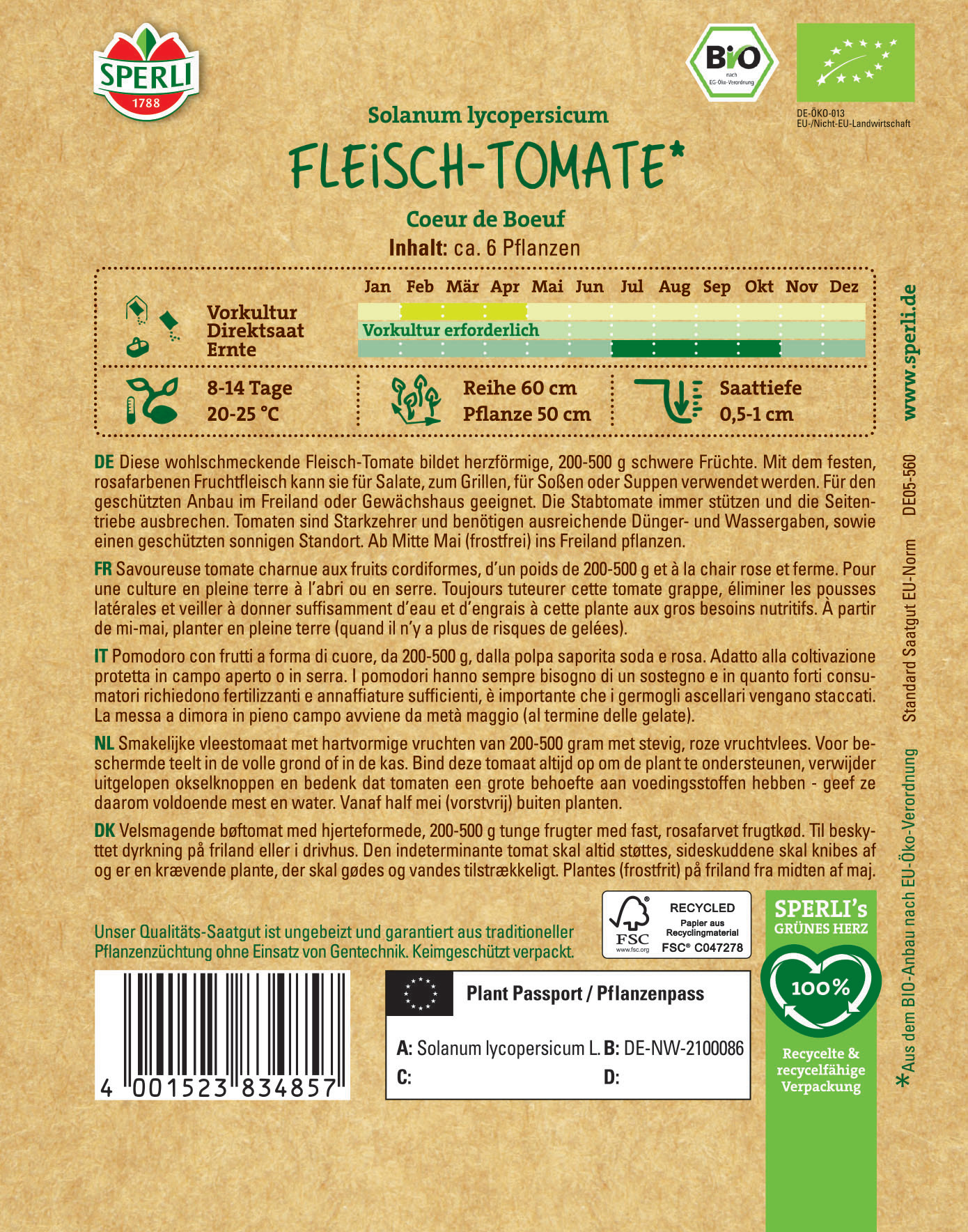 Verpackung für Fleisch-Tomate mit Informationen zu Anbau, Pflege und Pflanzzeit in mehreren Sprachen