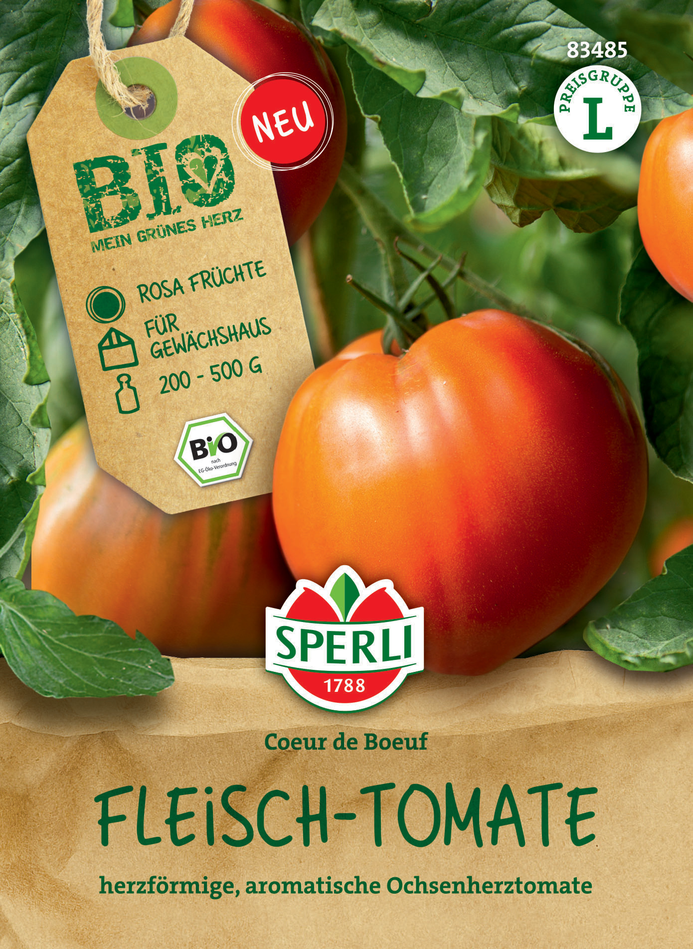 Tomaten mit grünen Blättern, auf Einkaufstüte und Etikett, Text auf Etikett.