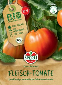 Tomaten mit grünen Blättern, auf Einkaufstüte und Etikett, Text auf Etikett.