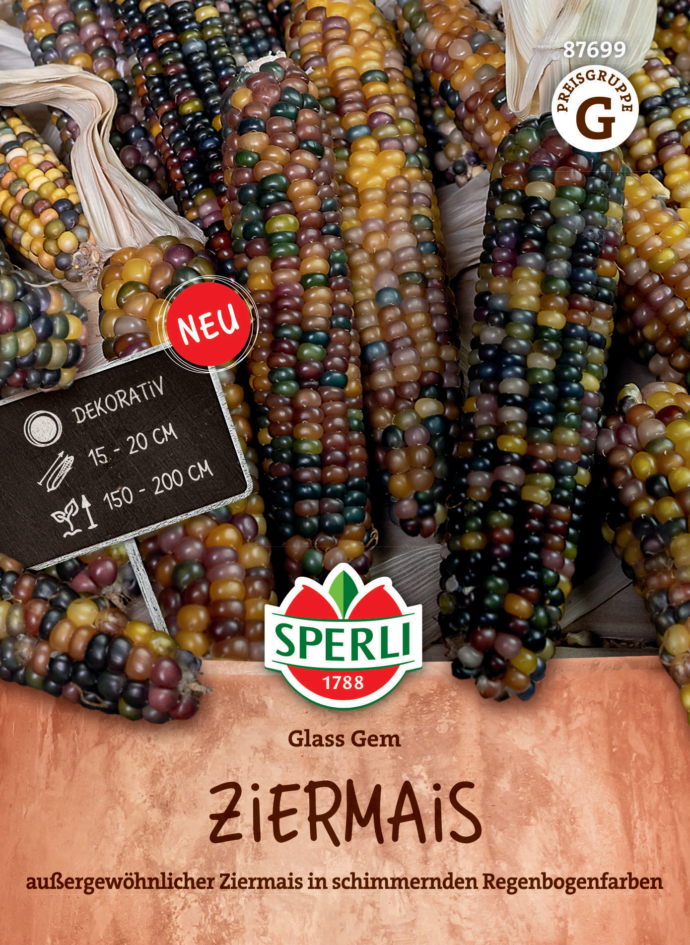 Mehrfarbige Ziermais in Regenbogenfarben, dekorativ, 15-20 cm lang, 150-200 cm hoch.