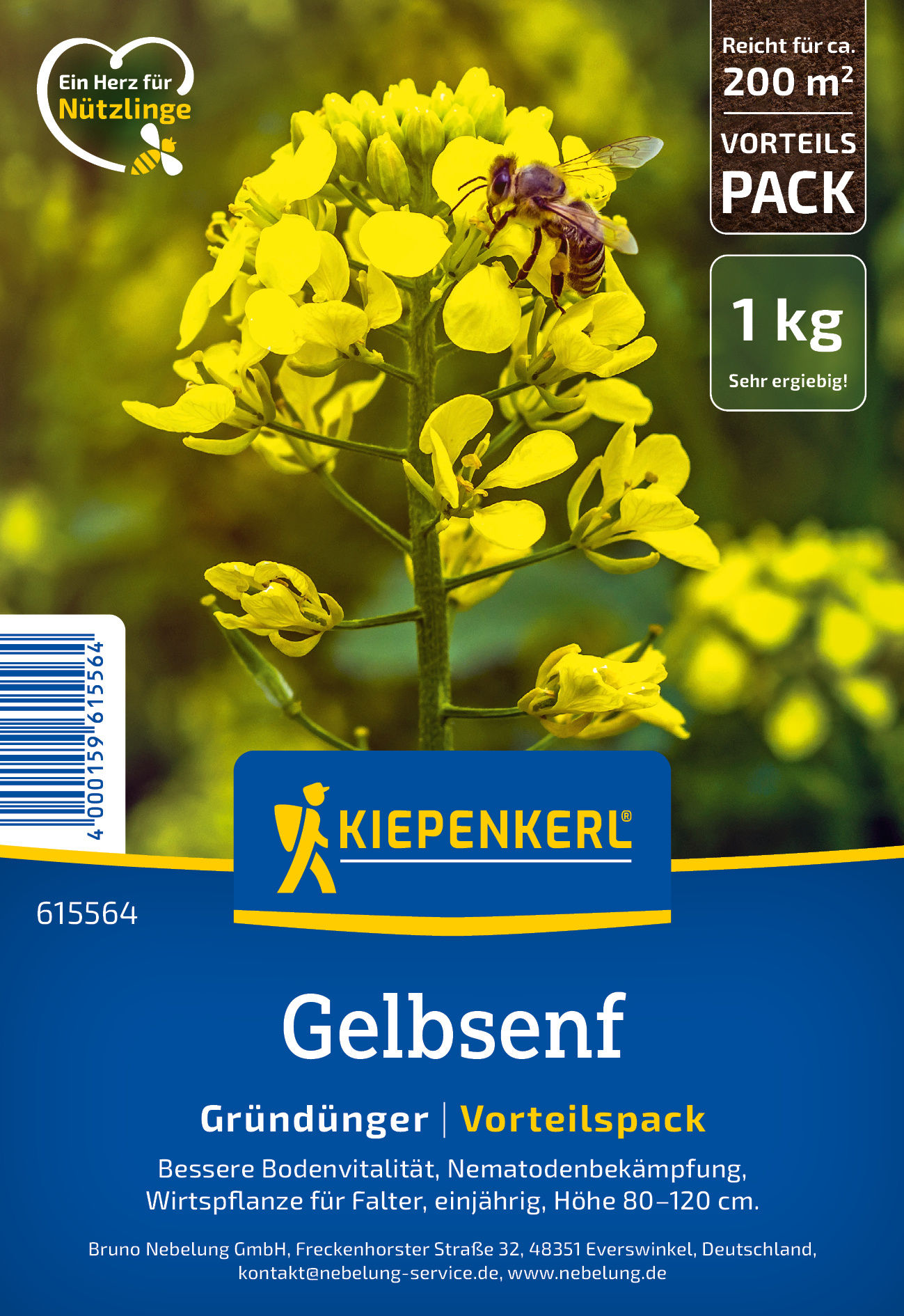 Gelbsenf Pflanze mit Blüten, Biene auf Blüte, Verpackung mit Produktinformationen und Marke.