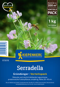 Blühende Pflanze mit einer Biene auf rosa Blüten, grüner Hintergrund, Produktbeschreibung und Logo.