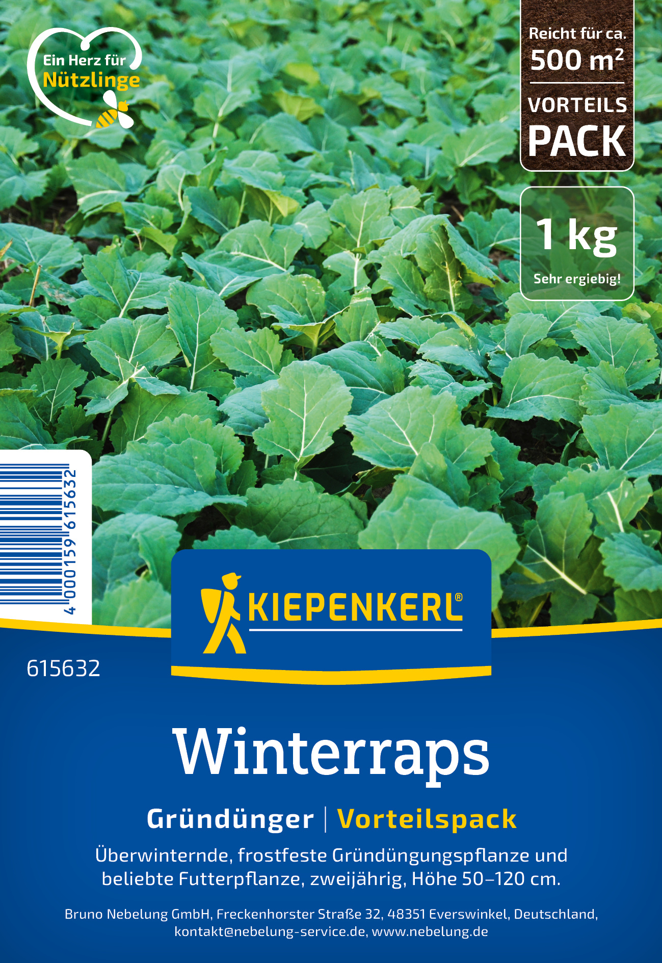 Wintertraps auf grünem Feld, Blattpflanzen, Kiepenkerl-Logo, Text und Barcode sichtbar.