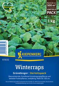 Wintertraps auf grünem Feld, Blattpflanzen, Kiepenkerl-Logo, Text und Barcode sichtbar.