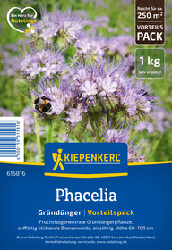 Blaue Verpackung mit blühender Pflanze und Biene, KIEPENKERL Phacelia, Vortelpack, 1 kg, rechnet für 250 m²