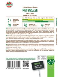 Petersilie mit grünen Blättern, im Hintergrund Logo und Text auf Verpackung.