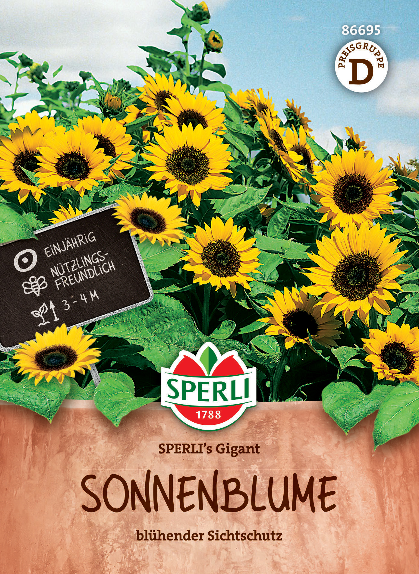 Gelbe Sonnenblumen im Topf, Bedeckung mit Schild und Logo, Titel und Hinweise auf Verpackung