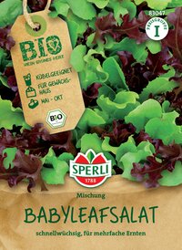 Gemischter Babyleafsalat, grüne und rote Blätter, für mehrere Ernten, Verpackung sichtbar, Marke Sperli.