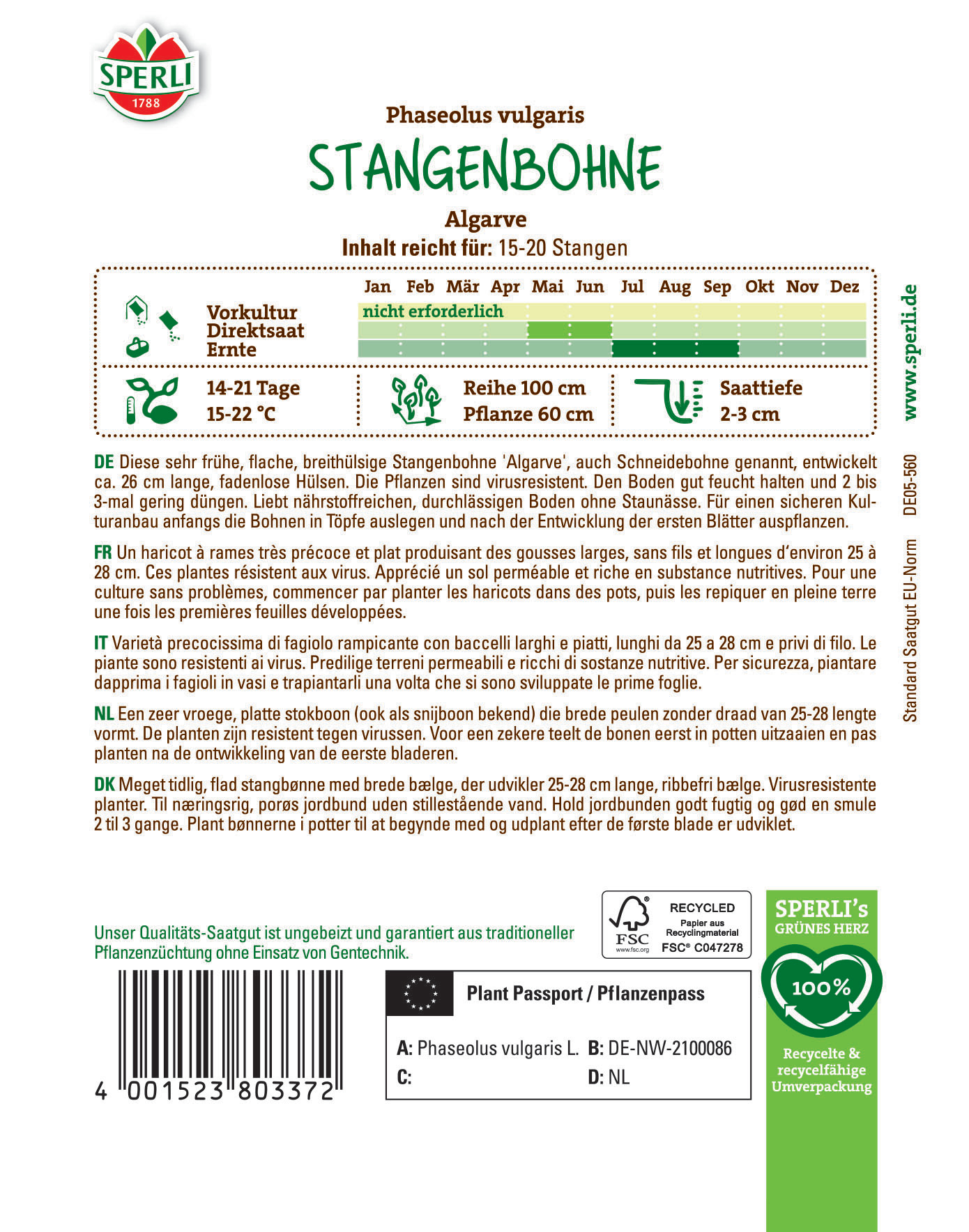 Packung mit Stangenbohnen, grüne Verpackung, Text in Deutsch, zeigt Informationen zur Sorte und Anbau.