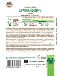 Packung mit Stangenbohnen, grüne Verpackung, Text in Deutsch, zeigt Informationen zur Sorte und Anbau.