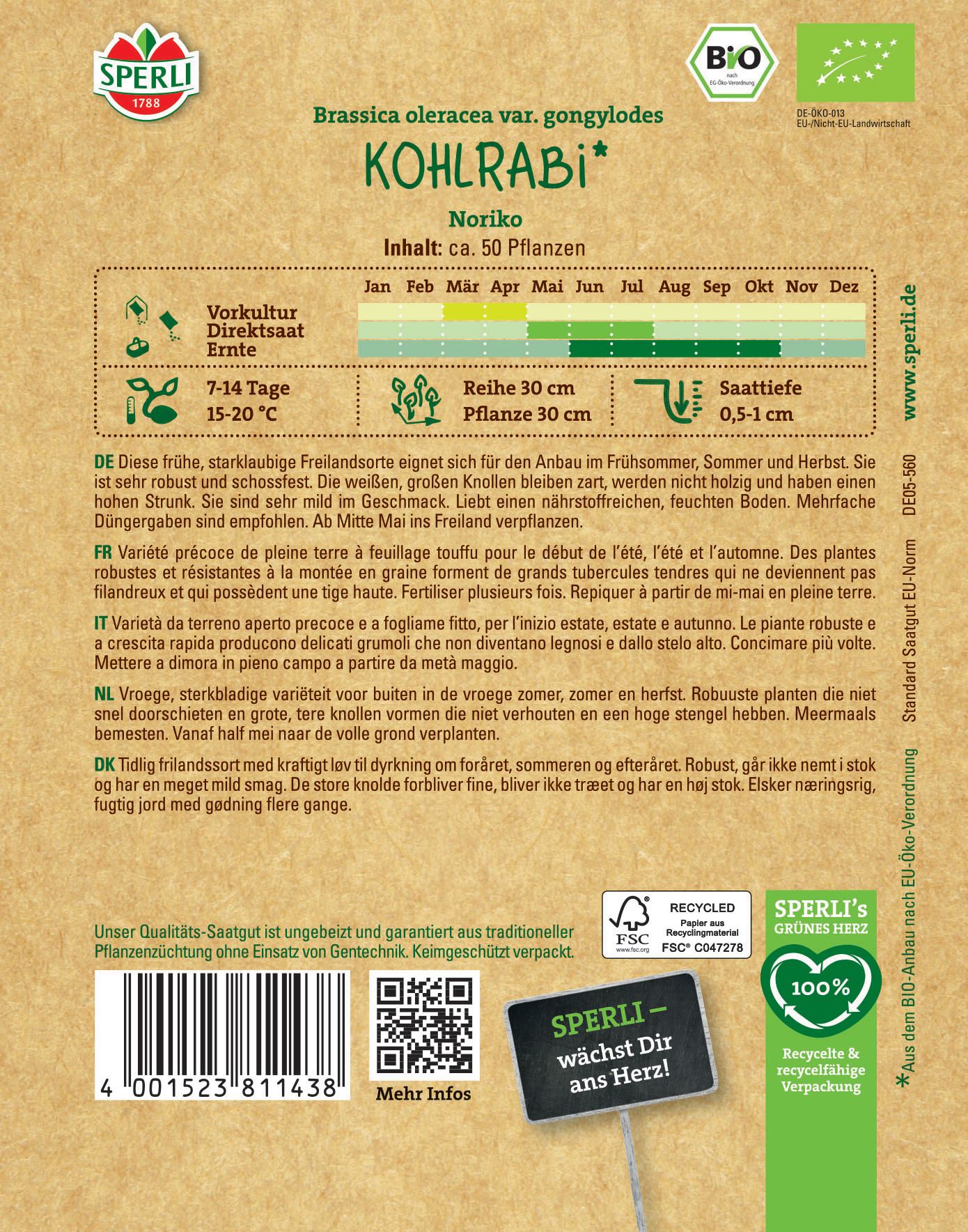 Pflanzenname Kochrabi auf braunem Verpackungsschild mit Anbauhinweisen und Symbolen, QR-Code und Barcode
