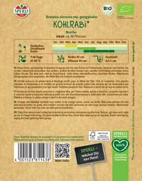 Pflanzenname Kochrabi auf braunem Verpackungsschild mit Anbauhinweisen und Symbolen, QR-Code und Barcode