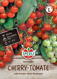 Tomaten an Pflanze und Holzuntergrund, Sperli Logo, Text über Cherry-Tomaten, süße Früchte, ideale Naschorte.