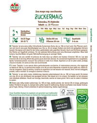 Blumenbild mit grünen, gelben und roten Pflanzen, dazu Textinformationen zum Zuckermais Tatonka.