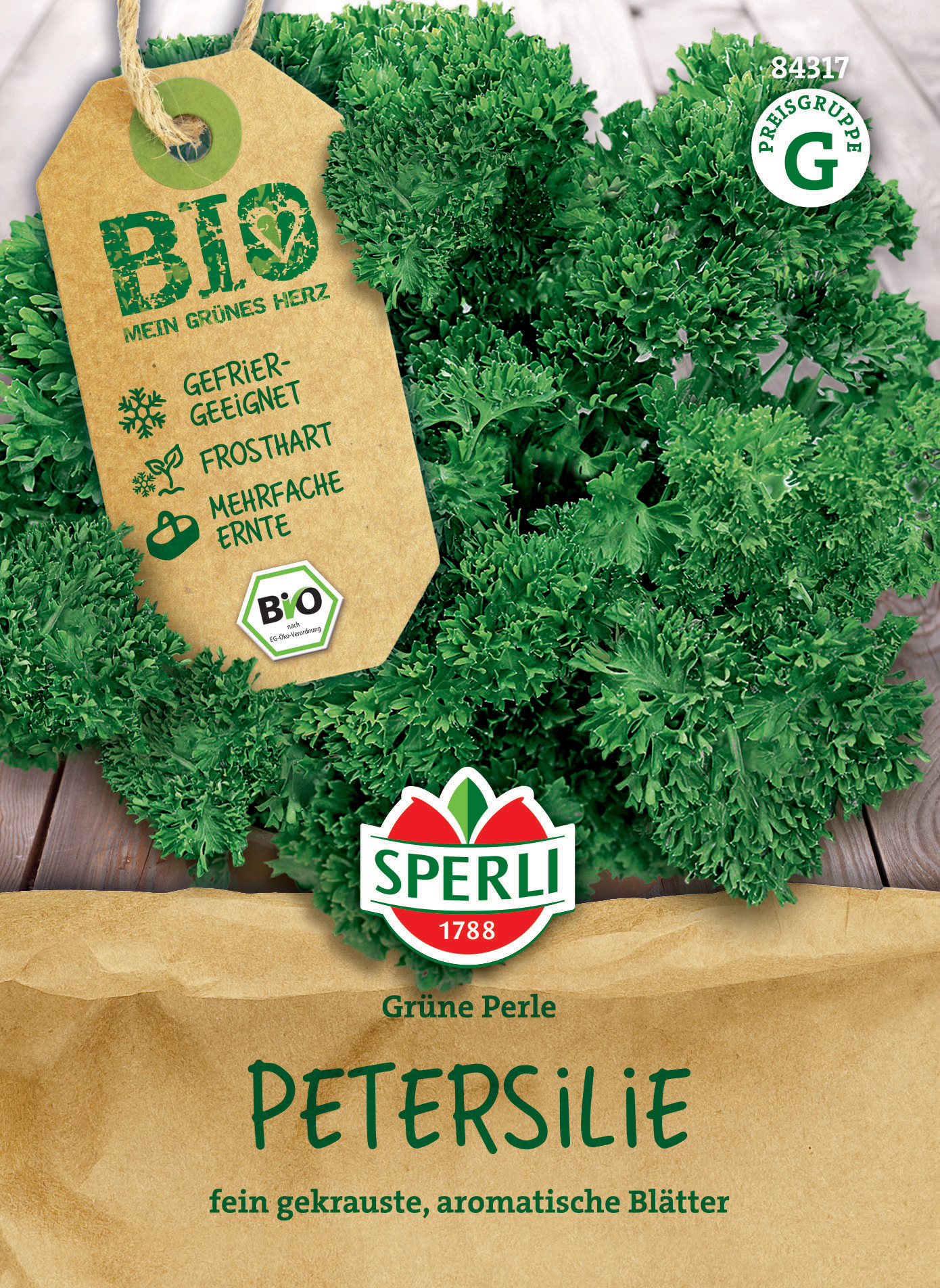 Petersilie mit aromatischen Blättern, bio, gefriergeeignet, frosthart, mehrfach ernte, auf Holzbildschirm.
