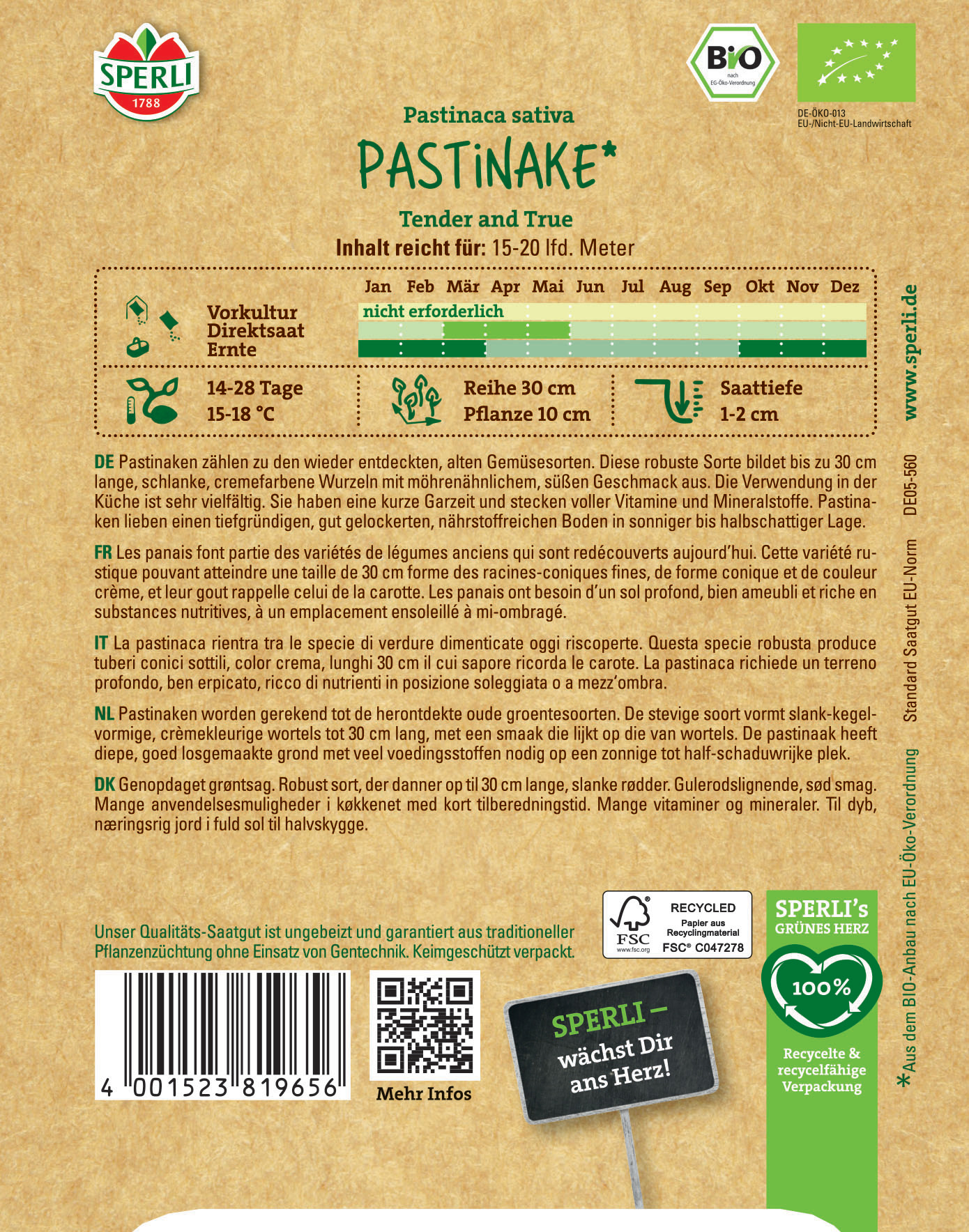 Samen auf Erde, mit grüner Verpackung, Bio- und EU-Kennzeichnung, Barcode und QR-Code.