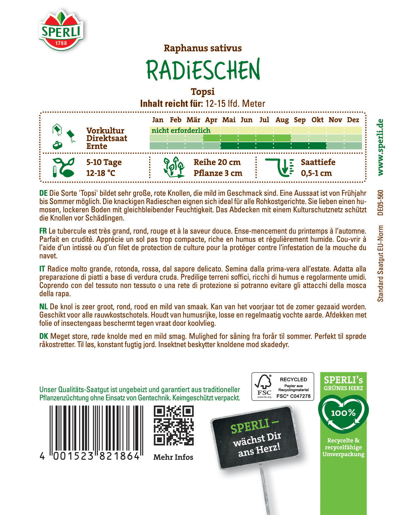 Radieschen mit roter Knolle, grüne Blätter, grower, 12-15 cm hoch, ideal für alle Rohkostgerichte.