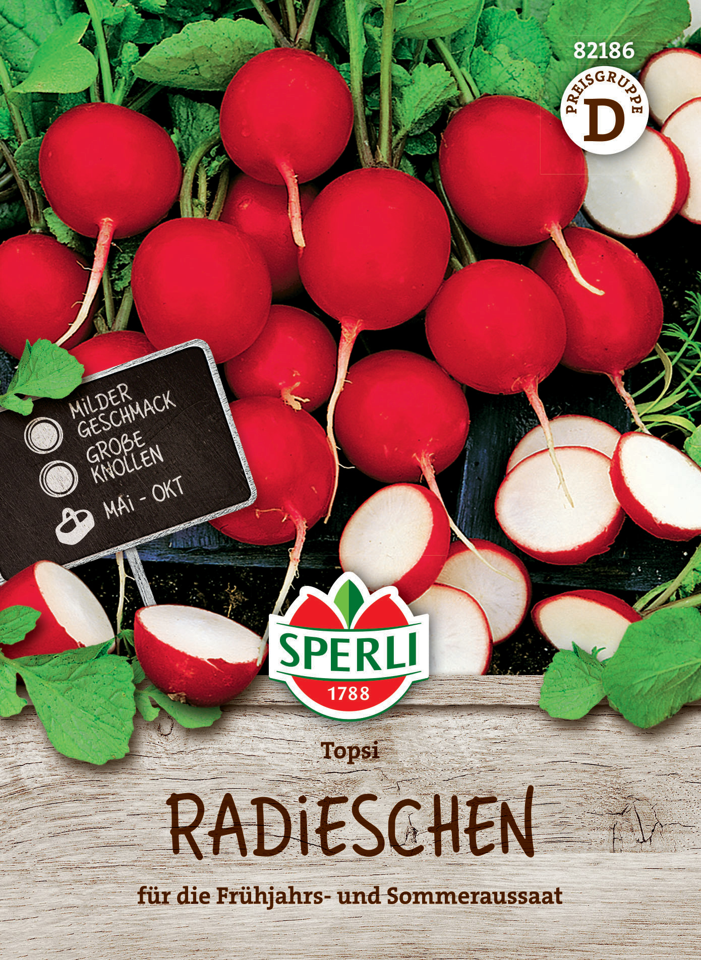 Radieschen, rote Knollen, mit grünen Blättern, halbiert, auf schwarzem Hintergrund.