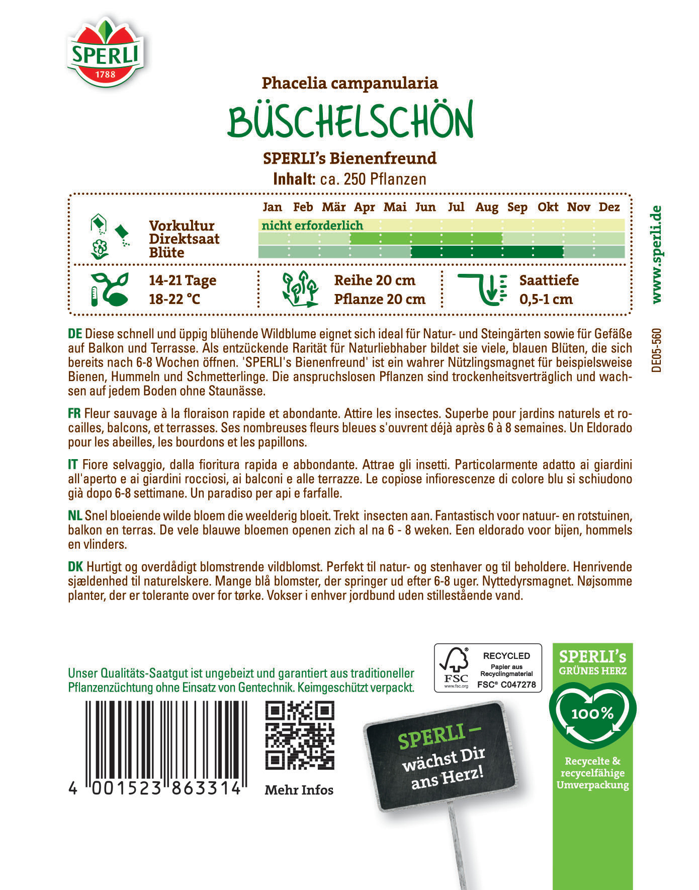 Blühende Büschel schön mit kleinen Blättern, Text auf grünem Schild.