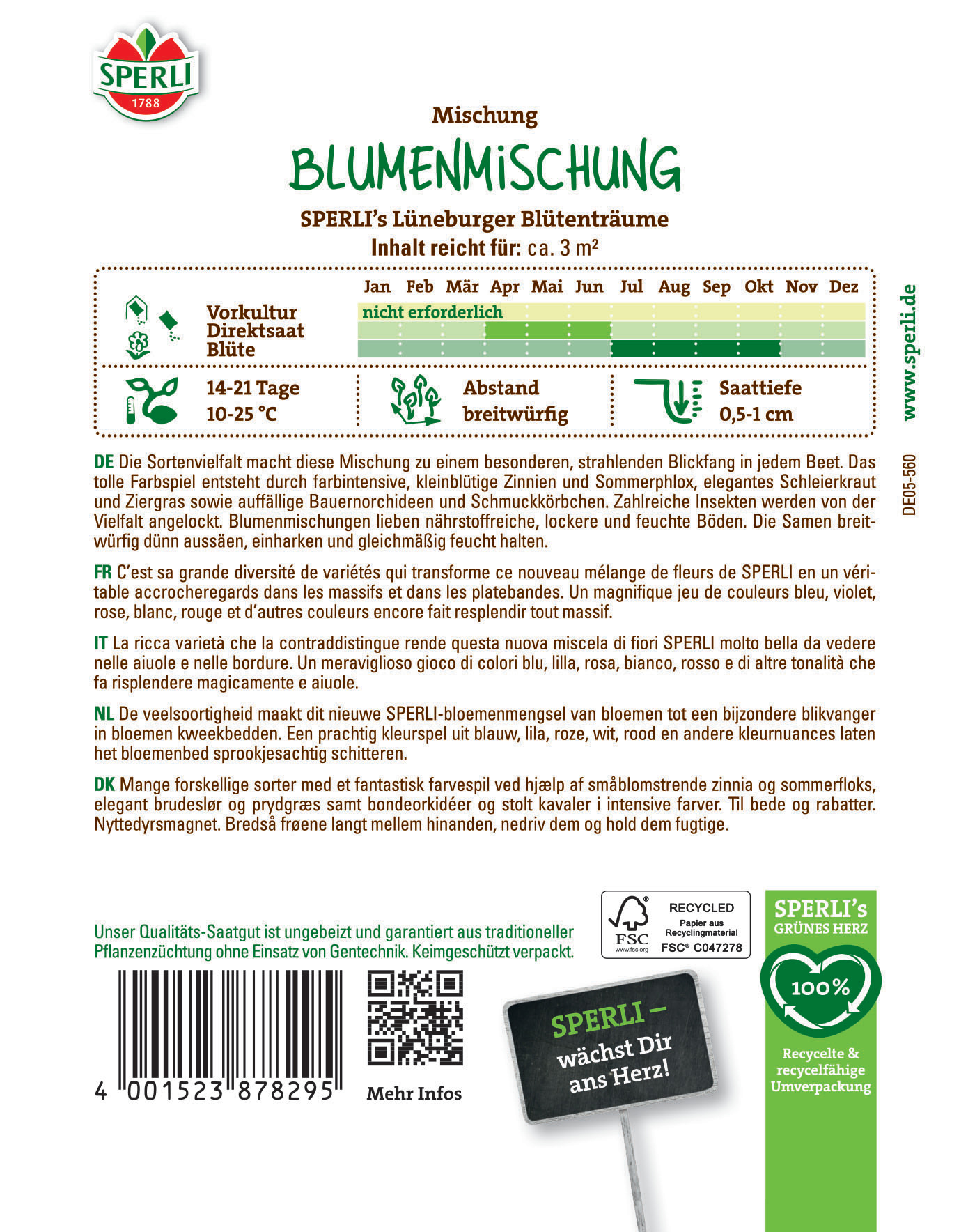 Bunte Blumensaatgutmischung für Blumenbeete, breite Aussaat, winterhart, 14-21 Tage Keimdauer.