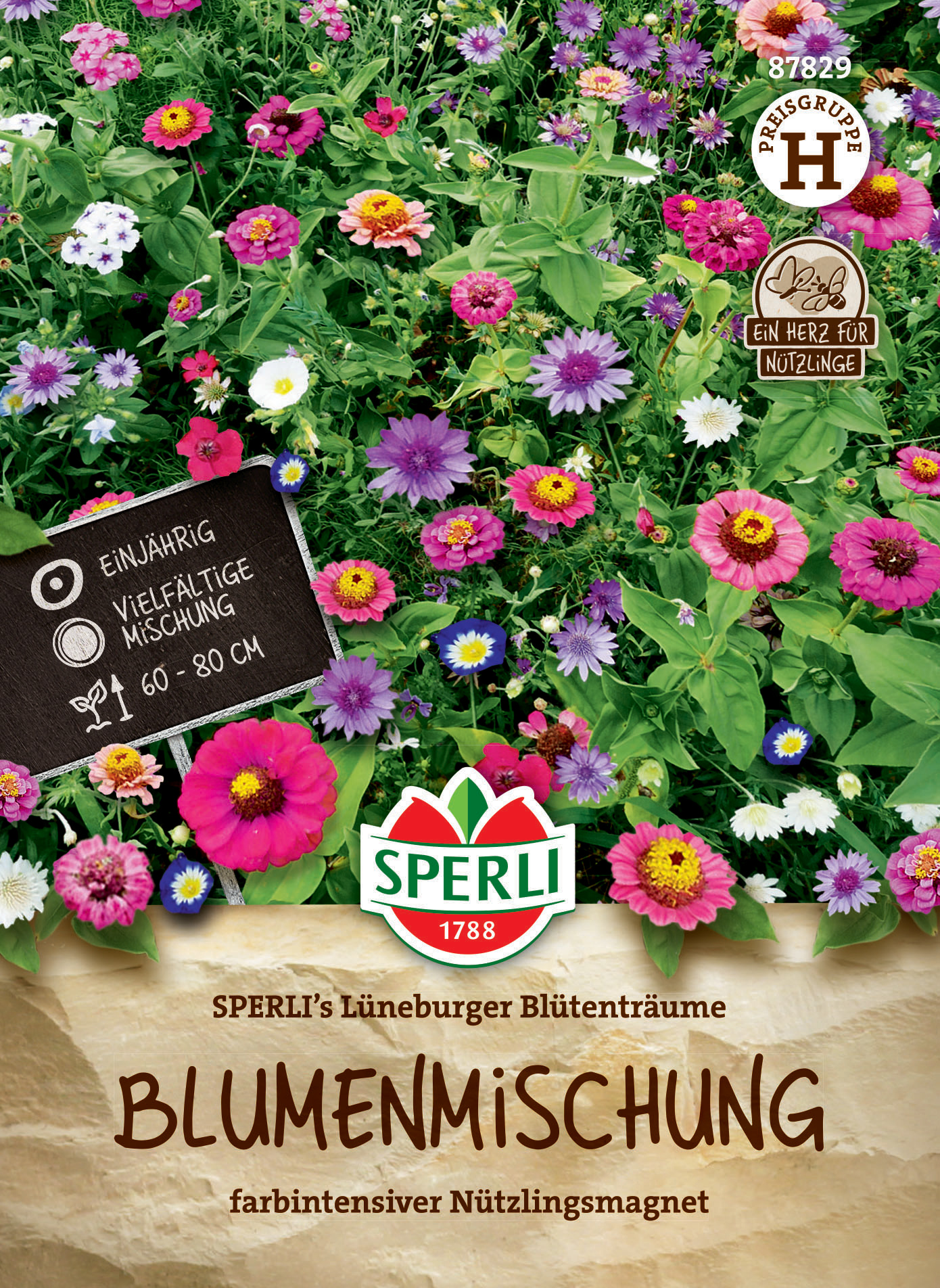 Bunte Blumenmischung für Nützlinge, 60-80 cm hoch, einjährig, vielfältige Mischung.