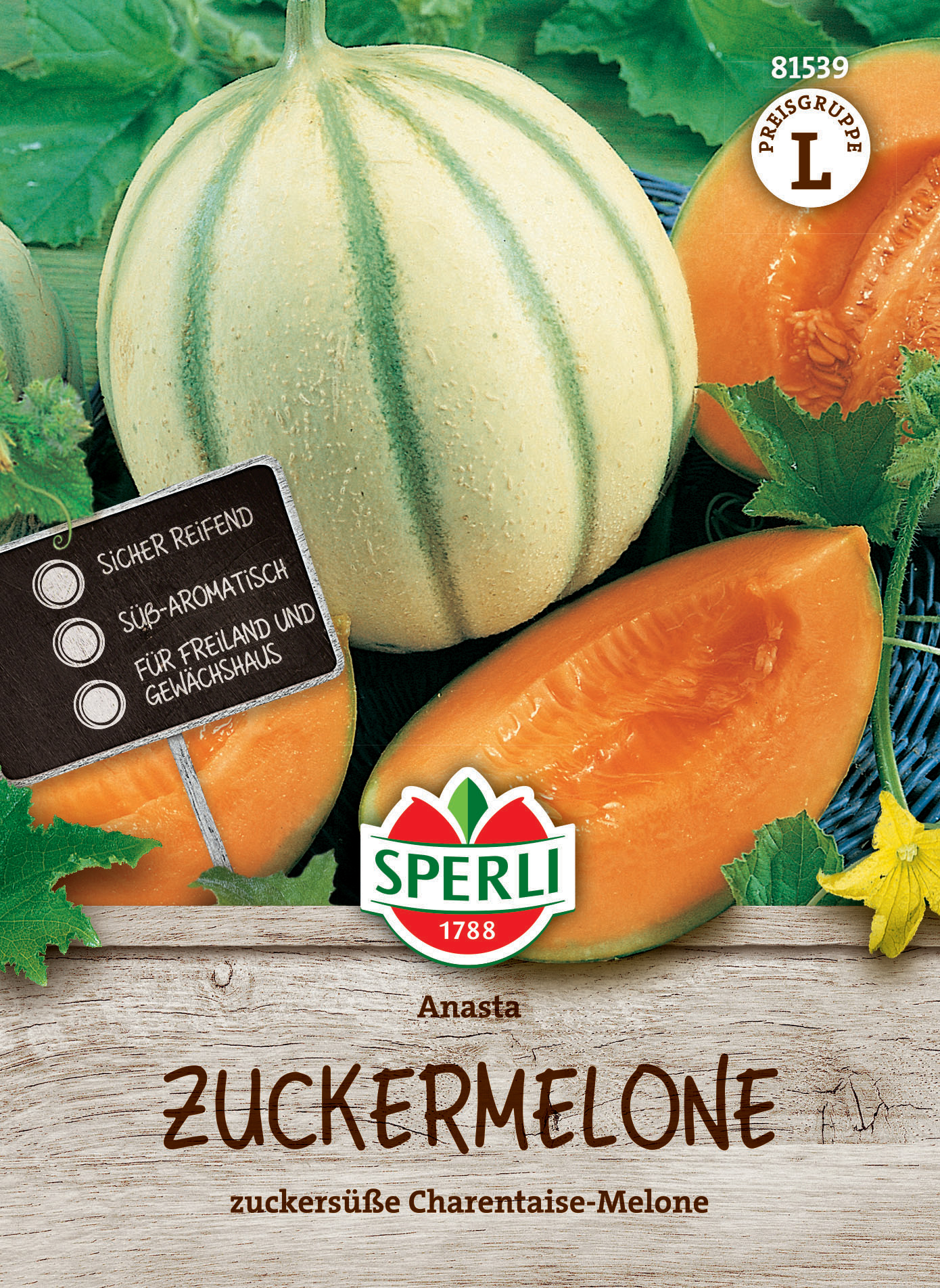 Gelber Zuckermelone mit orangefarbenem Fruchtfleisch, von der Marke Sperli, frisch und reif.
